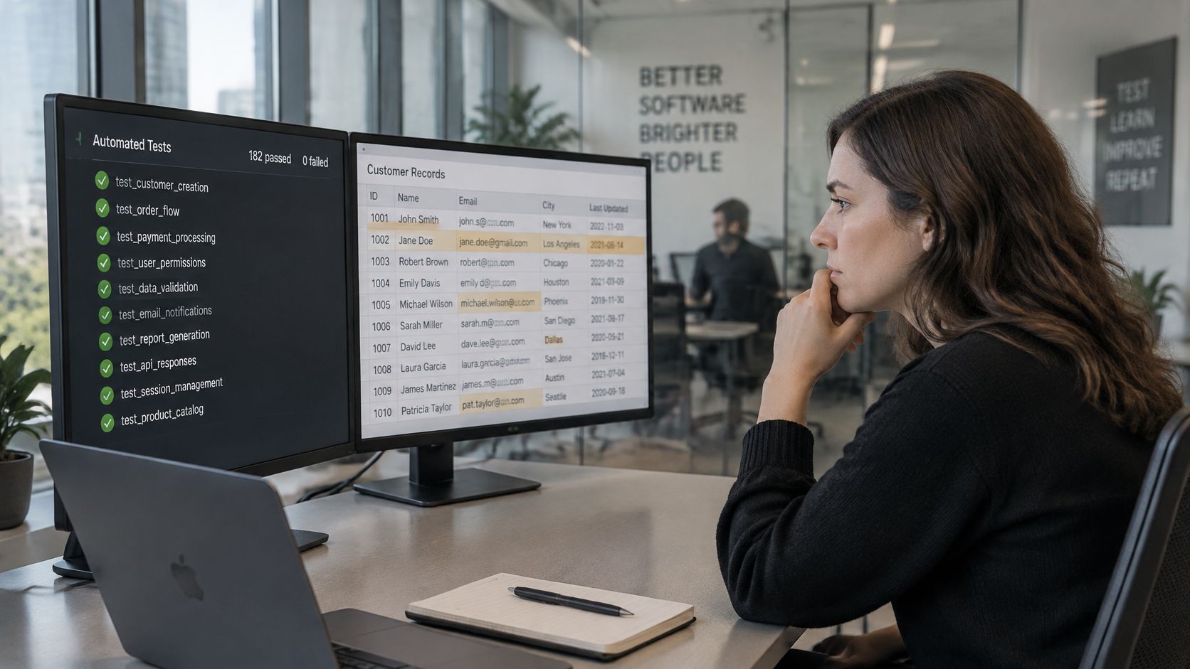 A professional software engineer reviewing QA automation test results and customer data on dual computer monitors.