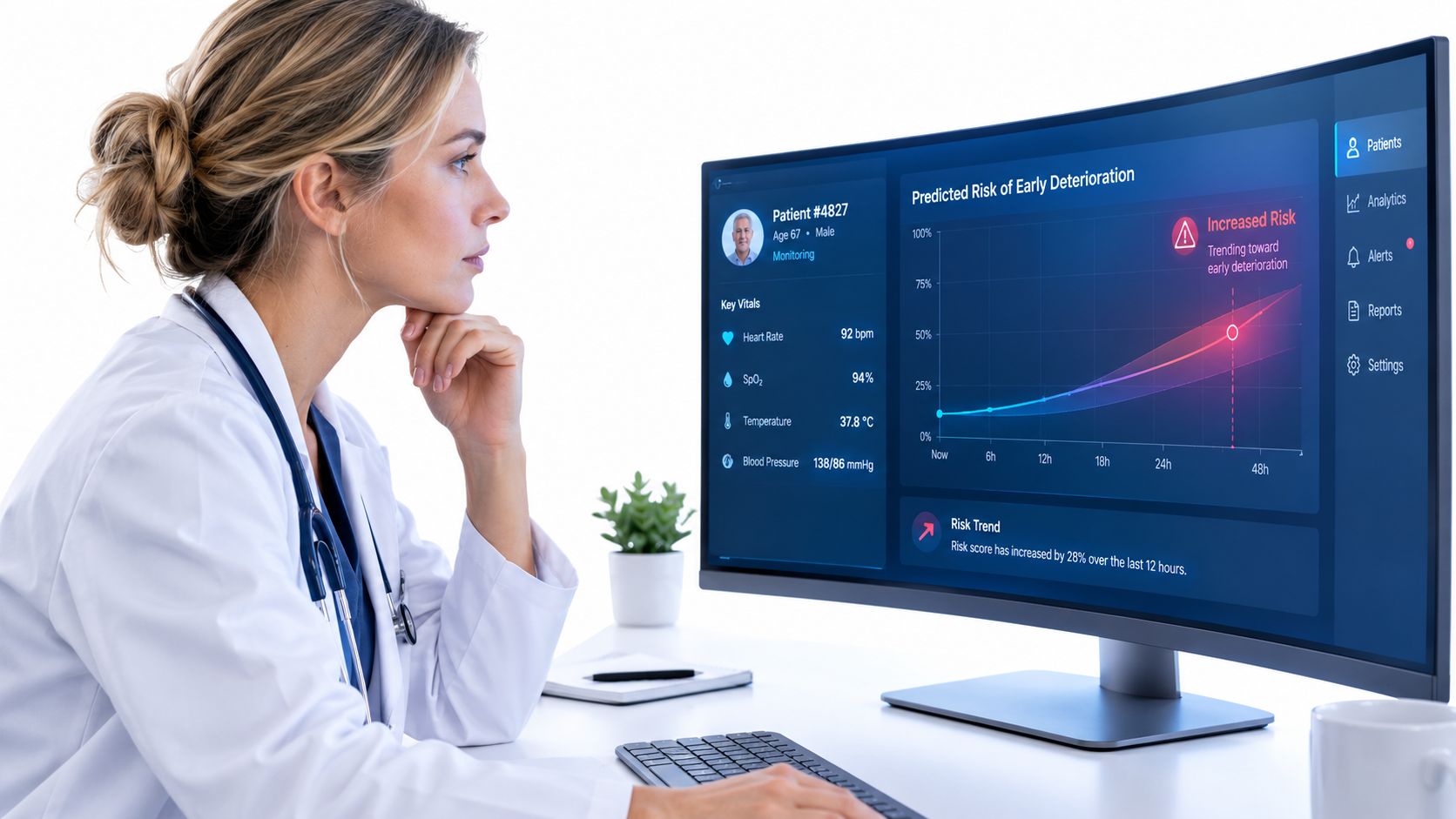 A female doctor in a white coat reviewing a remote patient monitoring software dashboard on her monitor.