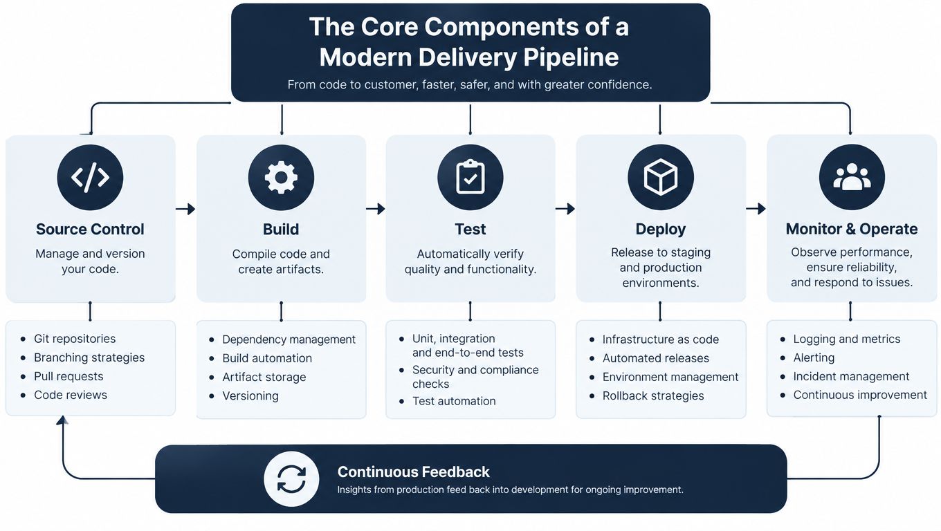 A diagram illustrating the core components of a modern software delivery pipeline from code to customer.
