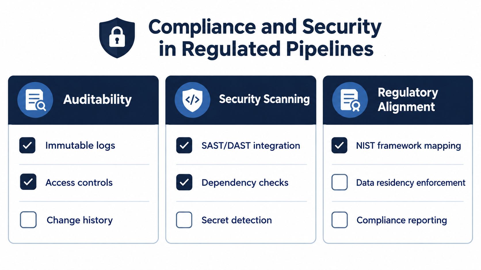 A diagram outlining key components of compliance and security in regulated software development pipelines for enterprises.