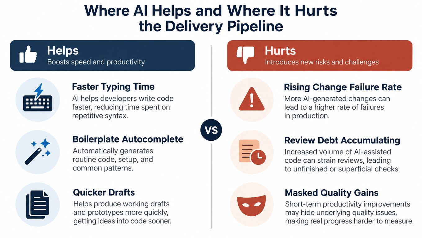 An infographic comparing the positive impacts and negative risks of using artificial intelligence in software development.