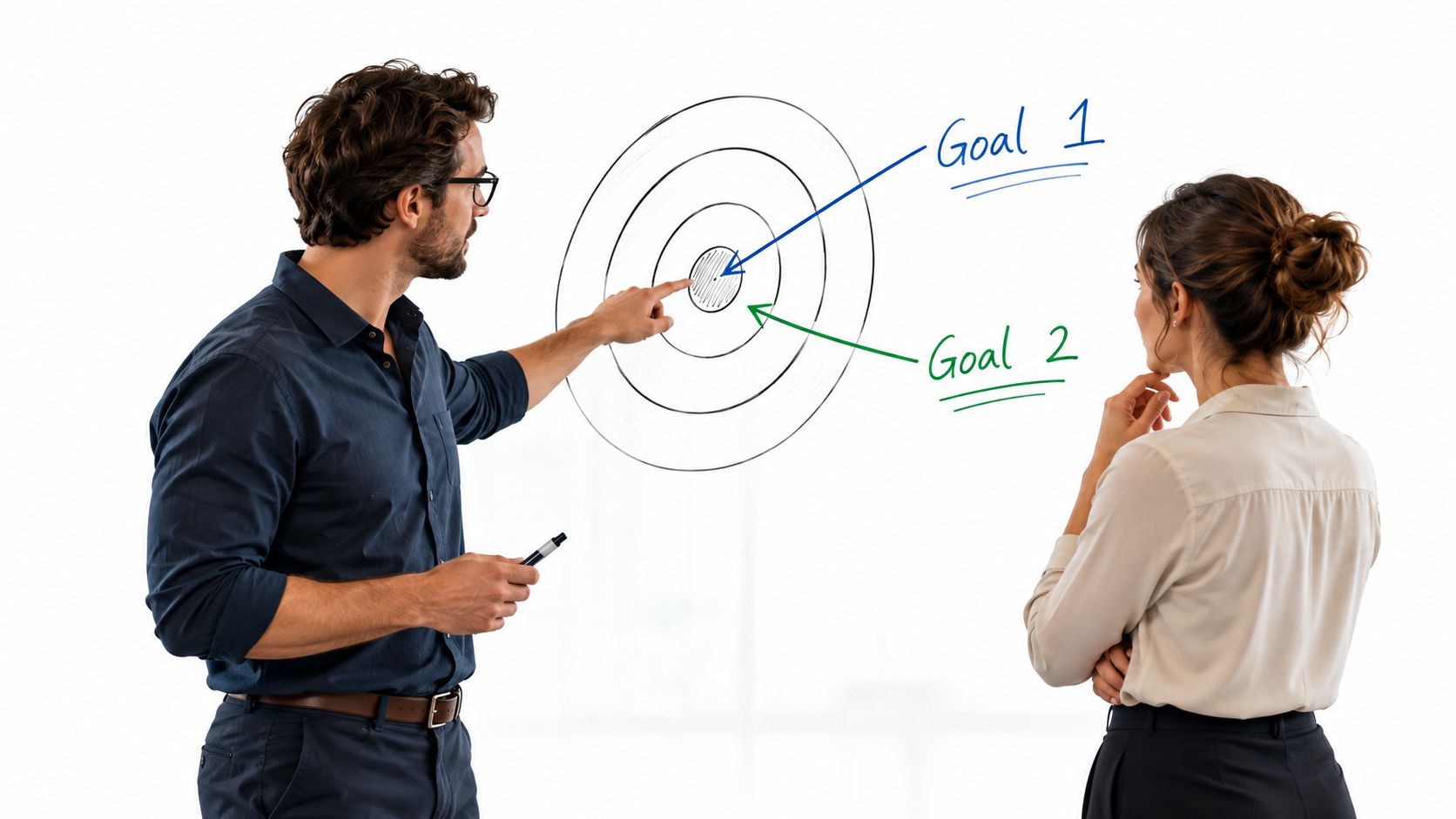 A professional man and woman discussing business strategy while pointing at a target diagram on a whiteboard.