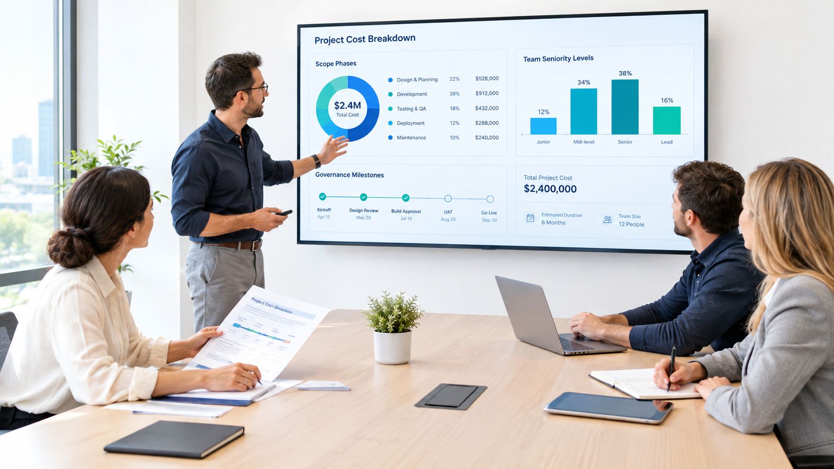 A professional team discussing project metrics and timelines during a business presentation in a modern office meeting room.