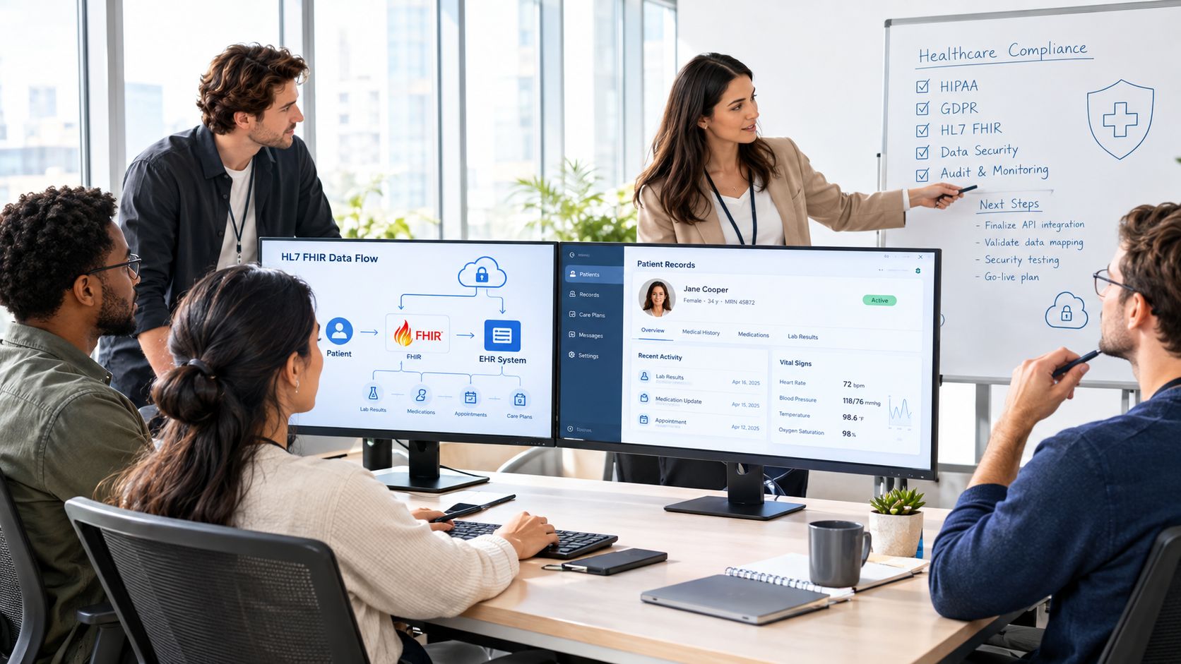 A diverse team of healthcare professionals collaborate on software development while viewing patient data on computer monitors.