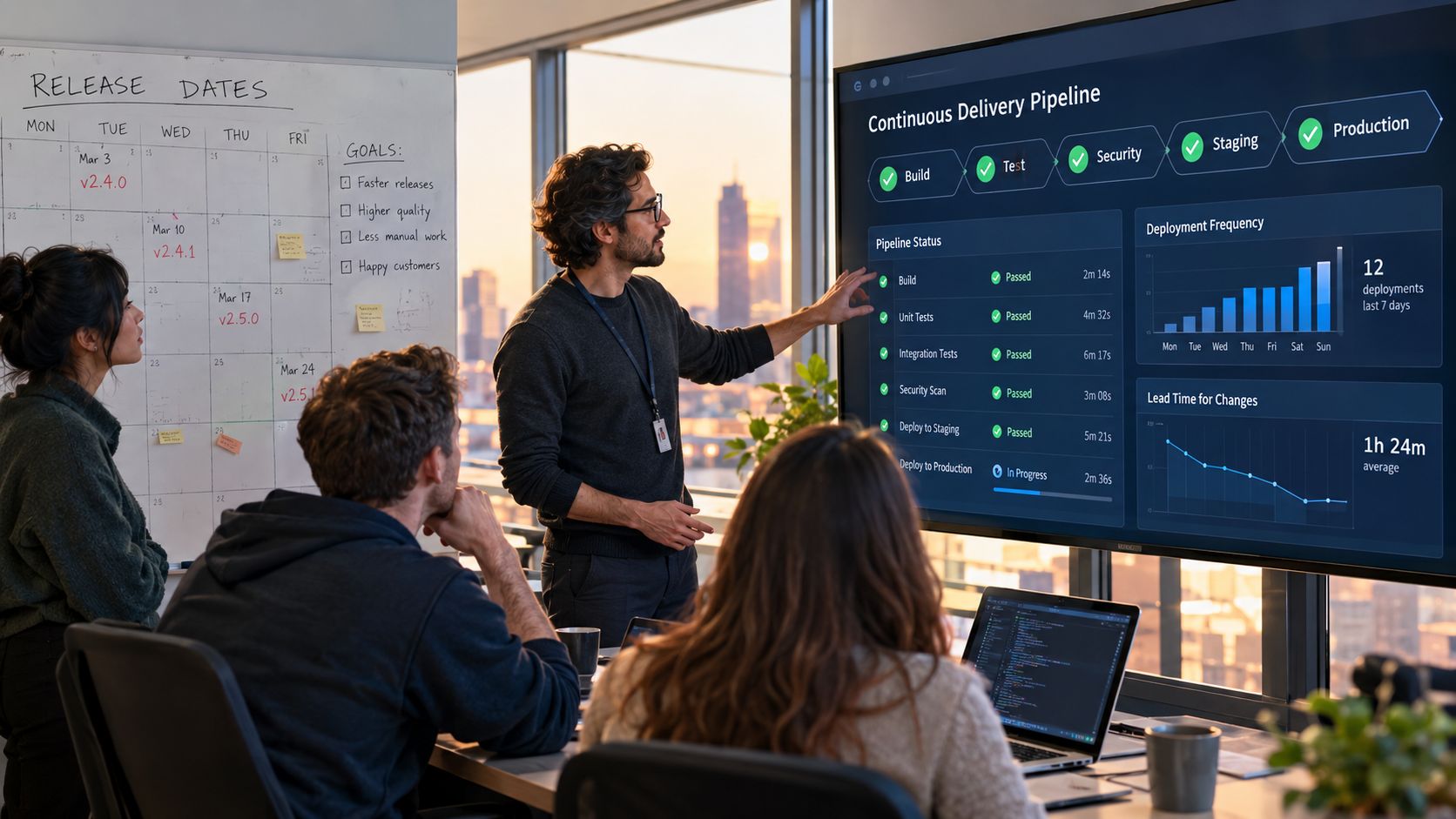 A diverse team collaborating in a modern office while reviewing software deployment progress on a large screen.