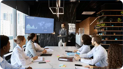 Presenter leading a collaborative strategy discussion at a TechWhizz event